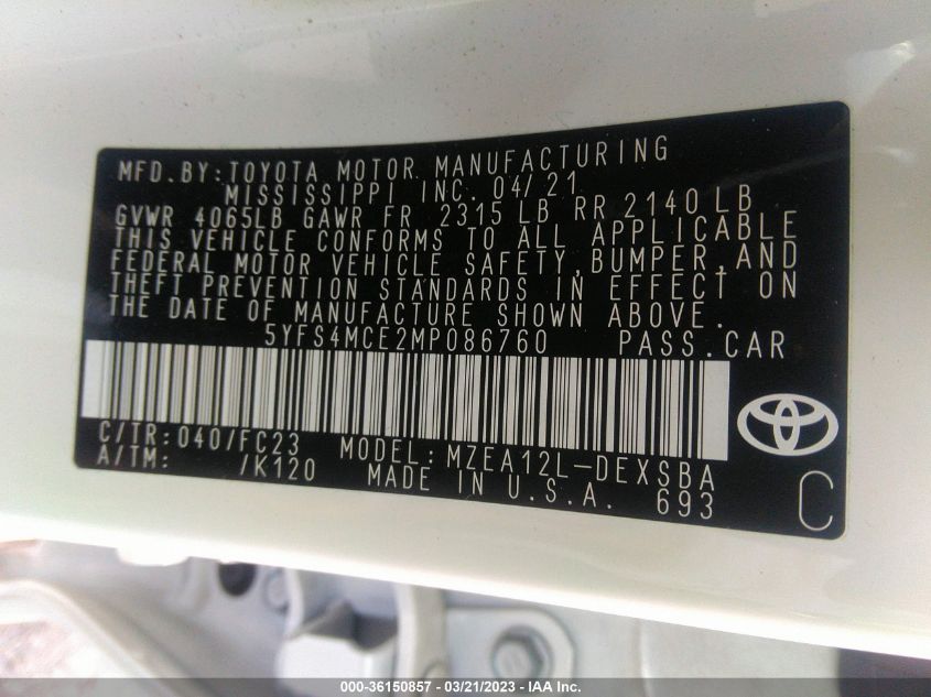 VIN 5YFS4MCE2MP086760 2021 TOYOTA COROLLA SE/NIGHTSHADE/APEX SE