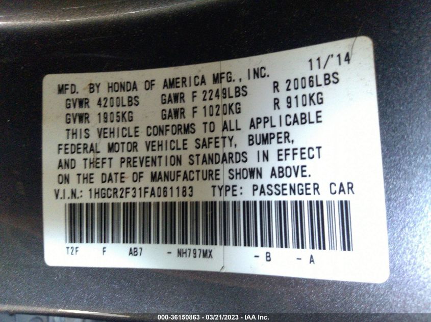 2015 HONDA ACCORD SEDAN LX - 1HGCR2F31FA061183