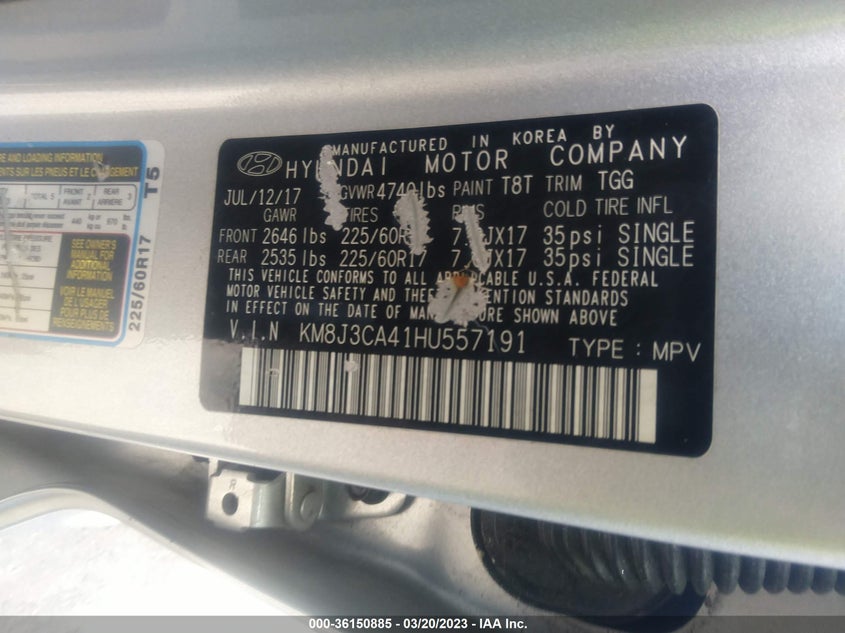VIN KM8J3CA41HU557191 2017 HYUNDAI TUCSON SE