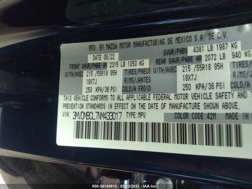 VIN 3MVDMBCL7NM433017 2022 MAZDA CX-30 2.5 S PREFERRED PACKAGE