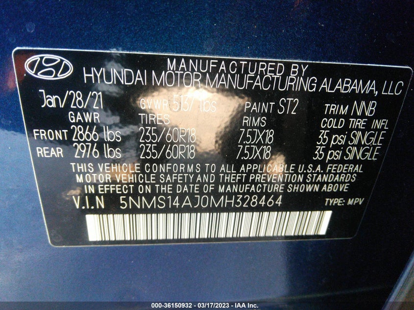 VIN 5NMS14AJ0MH328464 2021 HYUNDAI SANTA FE SE