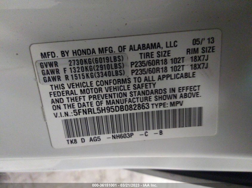 2013 HONDA ODYSSEY TOURING - 5FNRL5H95DB082863