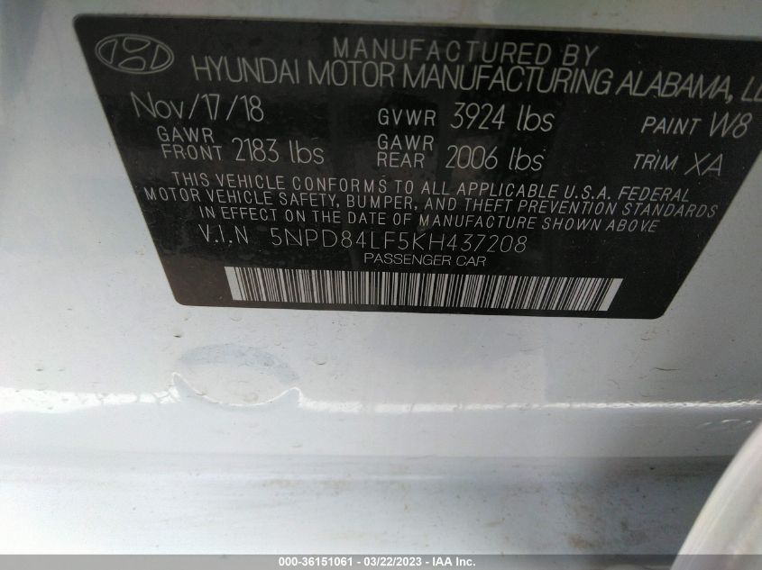 2019 HYUNDAI ELANTRA SEL - 5NPD84LF5KH437208