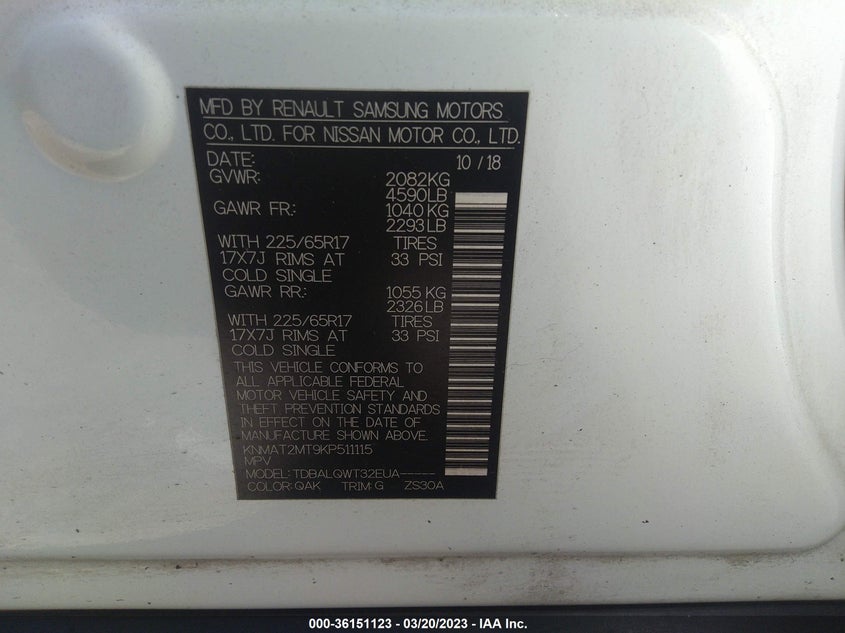 VIN KNMAT2MT9KP511115 2019 NISSAN ROGUE SV