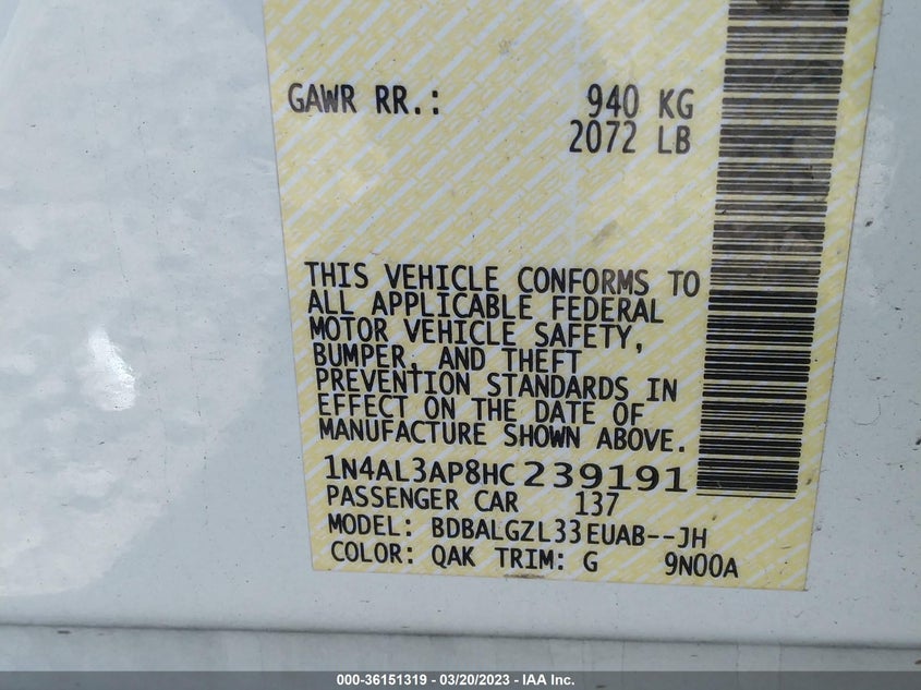 VIN 1N4AL3AP8HC239191 2017 NISSAN ALTIMA 2.5 S