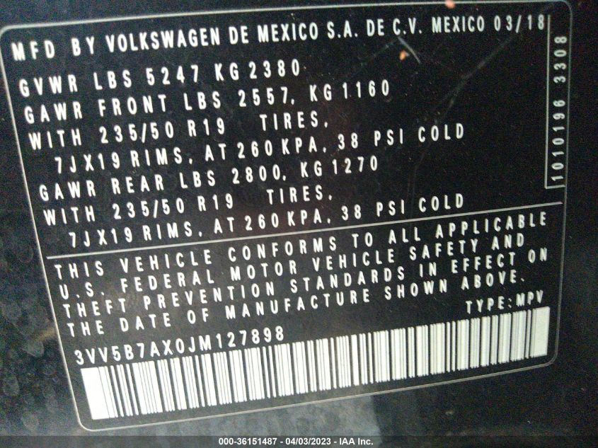 2018 VOLKSWAGEN TIGUAN SEL PREMIUM - 3VV5B7AX0JM127898
