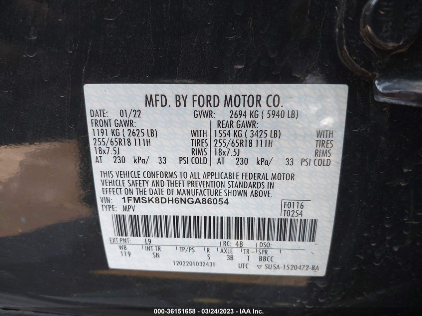 VIN 1FMSK8DH6NGA86054 2022 FORD EXPLORER XLT