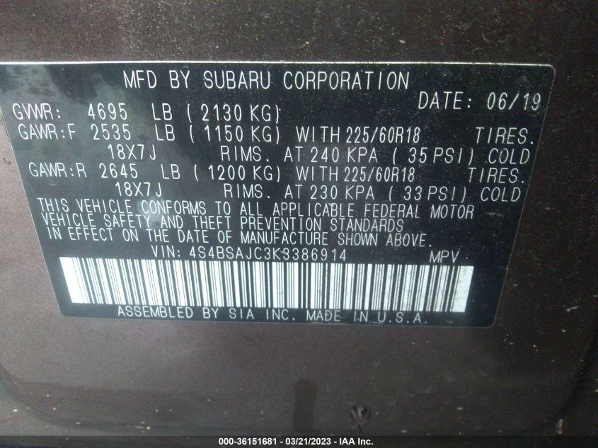 2019 SUBARU OUTBACK LIMITED - 4S4BSAJC3K3386914