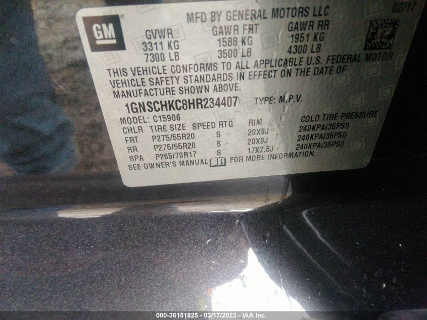 2017 CHEVROLET SUBURBAN LT 1GNSCHKC8HR234407