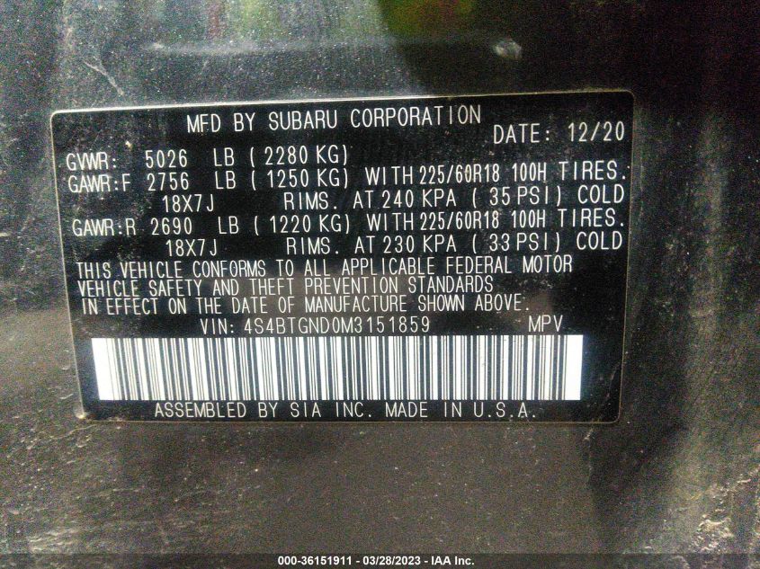 2021 SUBARU OUTBACK LIMITED XT - 4S4BTGND0M3151859