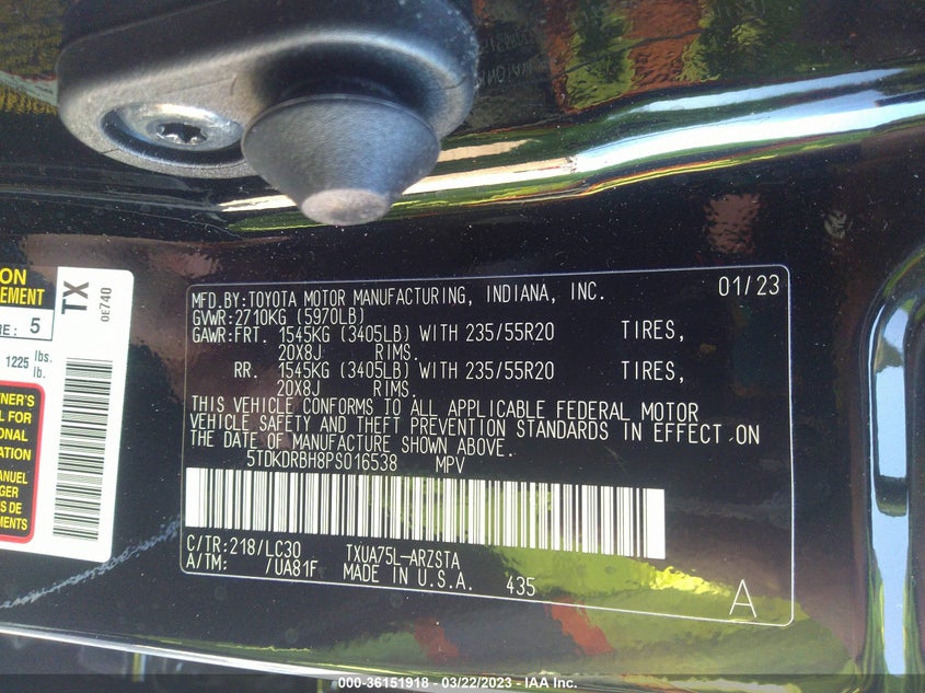 VIN 5TDKDRBH8PS016538 2023 TOYOTA HIGHLANDER L/LE/XLE/XSE/LIMITED