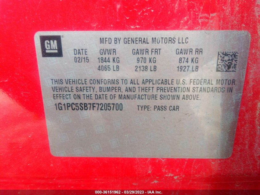 2015 CHEVROLET CRUZE LT - 1G1PC5SB7F7205700