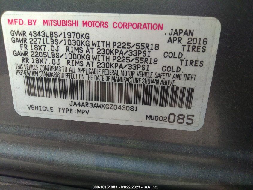 2016 MITSUBISHI OUTLANDER SPORT 2.4 - JA4AR3AWXGZ043081