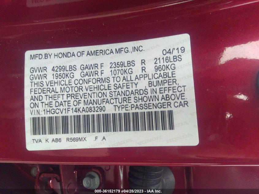 2019 HONDA ACCORD LX - 1HGCV1F14KA083290