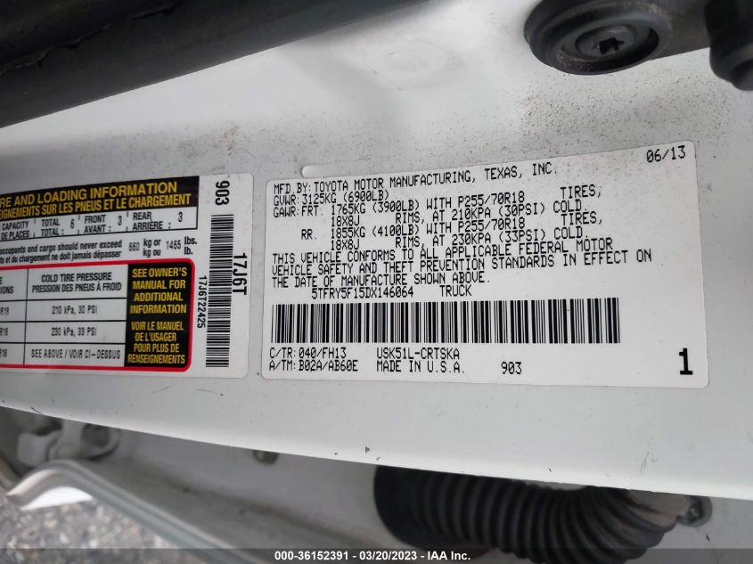 2013 TOYOTA TUNDRA 2WD TRUCK - 5TFRY5F15DX146064