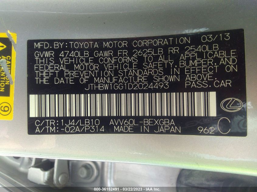 2013 LEXUS ES 300H HYBRID JTHBW1GG1D2024493