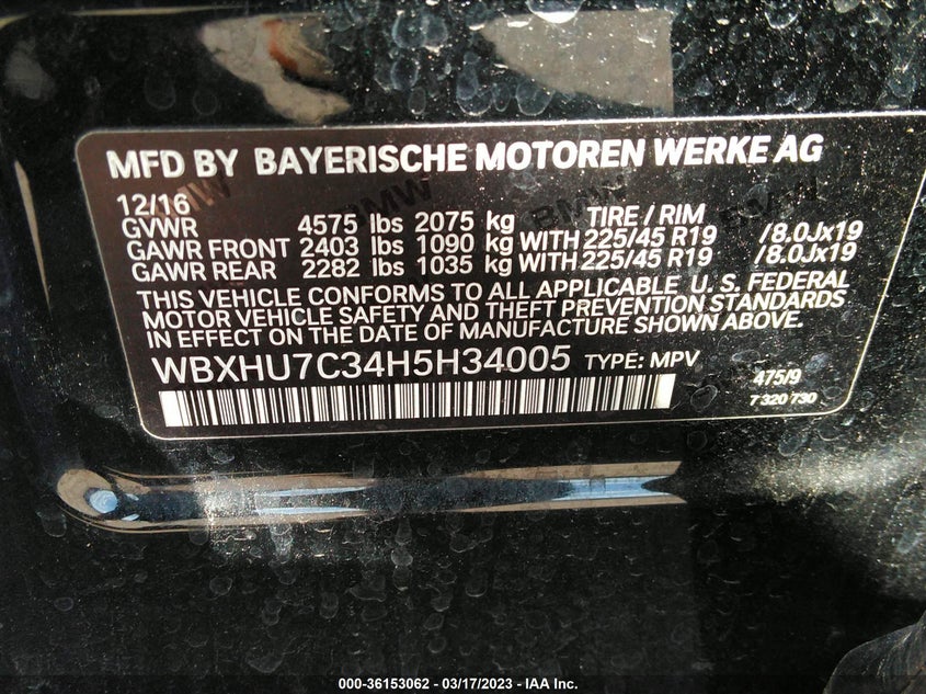 VIN WBXHU7C34H5H34005 2017 BMW X1 SDRIVE28I