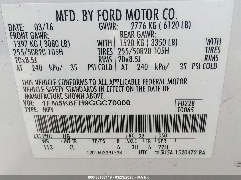 2016 FORD EXPLORER LIMITED - 1FM5K8FH9GGC70000
