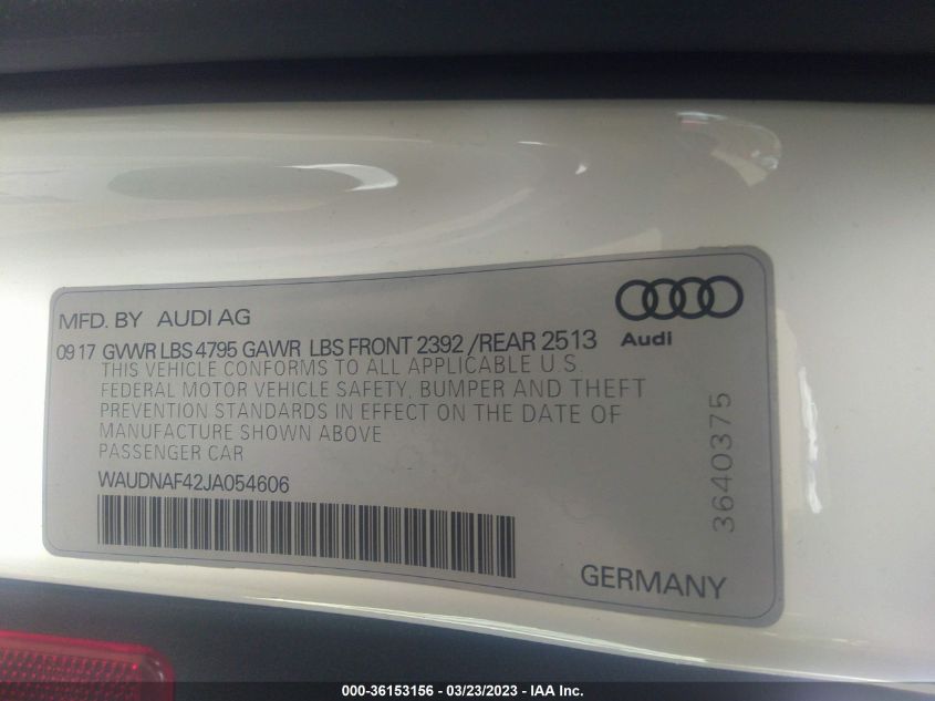 2018 AUDI A4 PREMIUM/TECH PREMIUM - WAUDNAF42JA054606