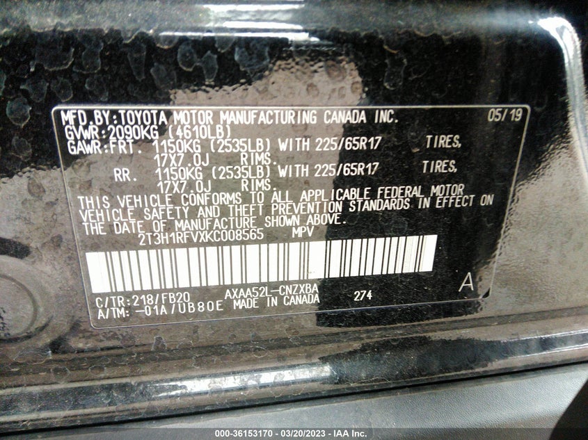 VIN 2T3H1RFVXKC008565 2019 TOYOTA RAV4 LE