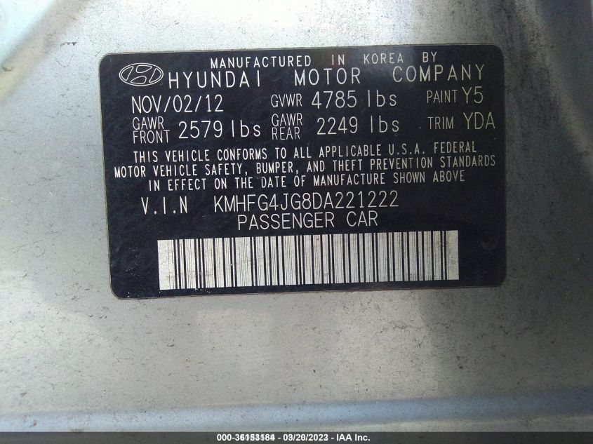 2013 HYUNDAI AZERA KMHFG4JG8DA221222