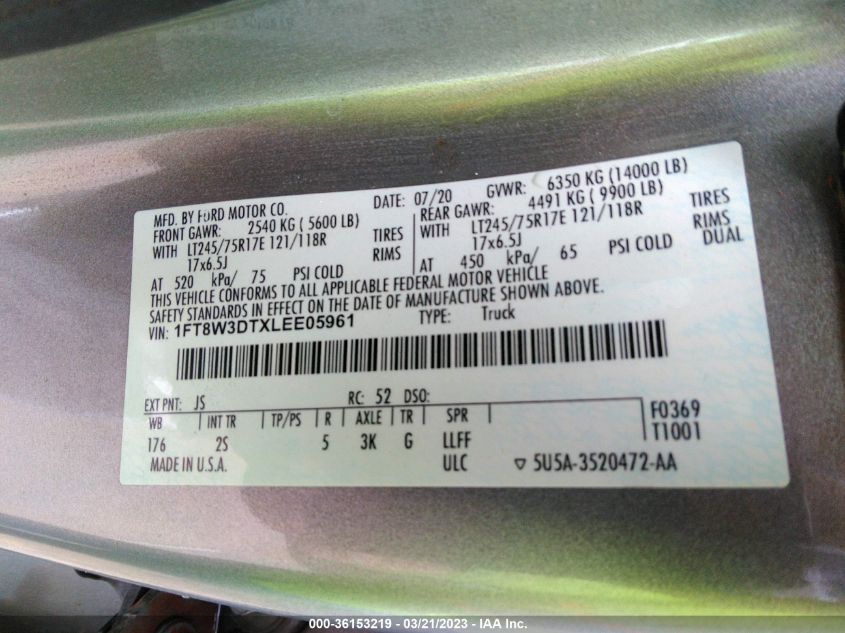 2020 FORD SUPER DUTY F-350 DRW XL/XLT/LARIAT 1FT8W3DTXLEE05961