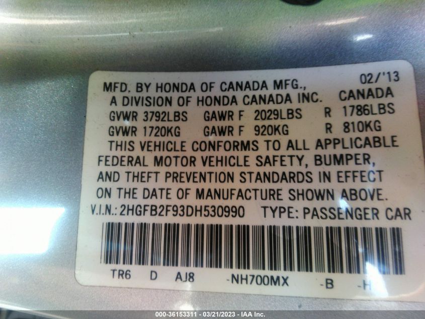 2013 HONDA CIVIC SDN EX-L - 2HGFB2F93DH530990