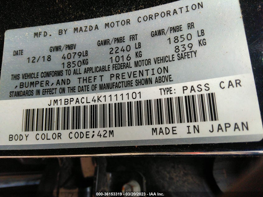 VIN JM1BPACL4K1111101 2019 MAZDA MAZDA3 SEDAN W/SELECT PKG