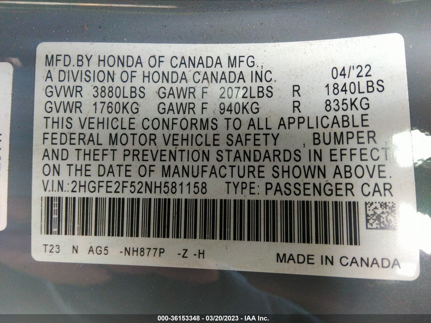 VIN 2HGFE2F52NH581158 2022 HONDA CIVIC SEDAN SPORT