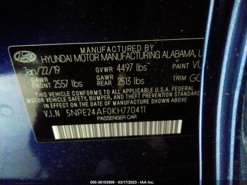 VIN 5NPE24AF0KH770411 2019 HYUNDAI SONATA SE