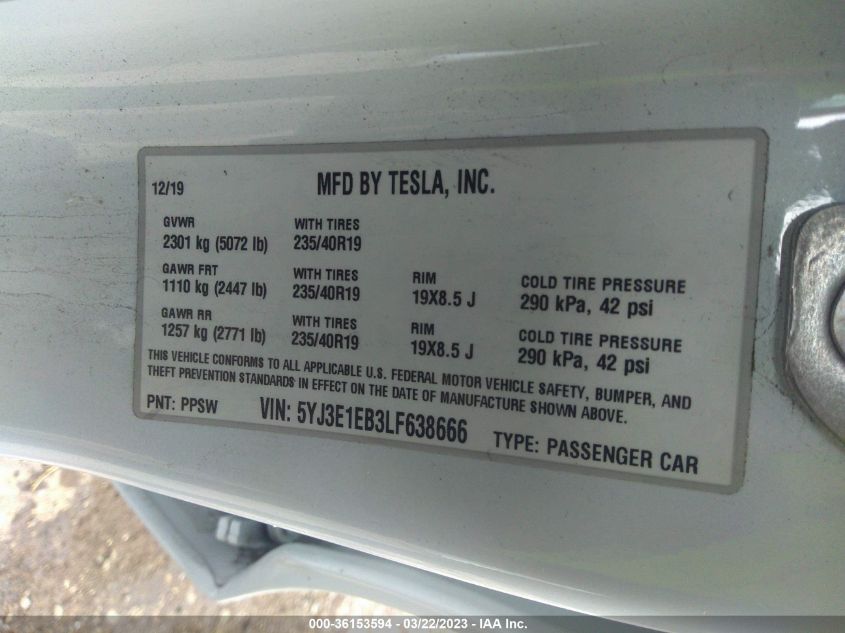2020 TESLA MODEL 3 LONG RANGE - 5YJ3E1EB3LF638666