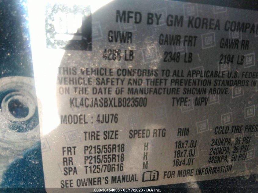 VIN KL4CJASBXLB023500 2020 BUICK ENCORE PREFERRED