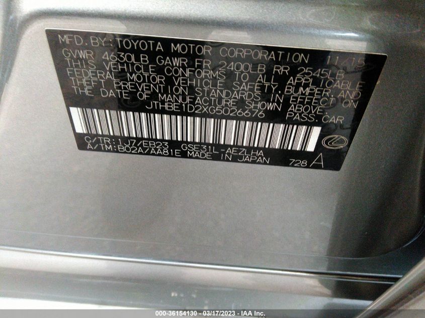 2016 LEXUS IS 350 JTHBE1D2XG5026676
