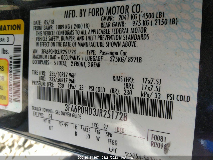 VIN 3FA6P0HD3JR251728 2018 FORD FUSION SE