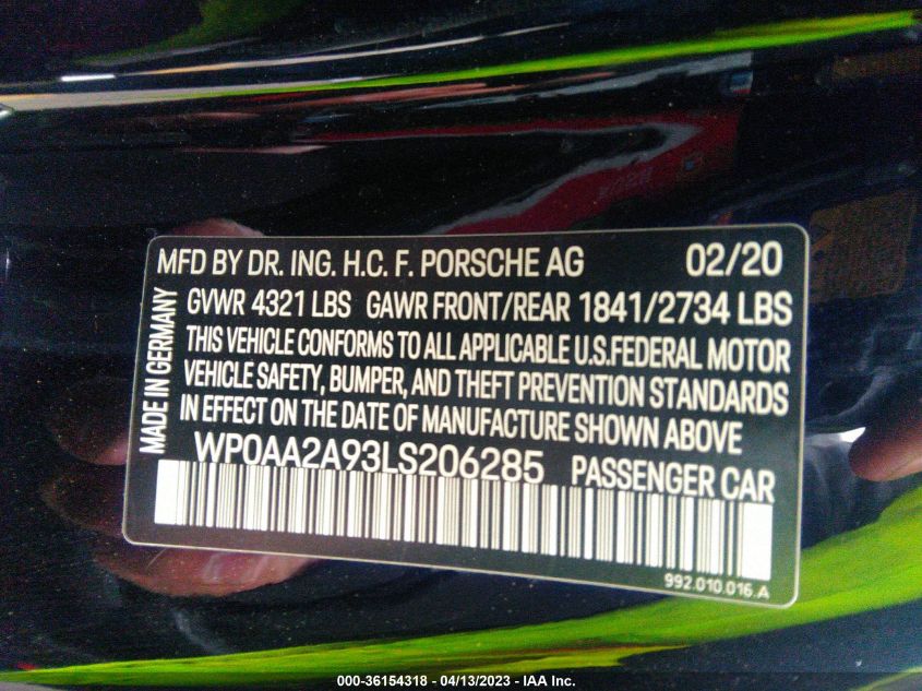 2020 PORSCHE 911 CARRERA - WP0AA2A93LS206285