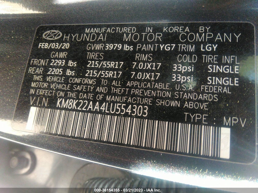 VIN KM8K22AA4LU554303 2020 HYUNDAI KONA SEL