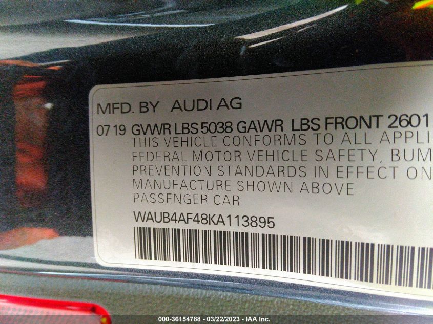 2019 AUDI S4 PREMIUM PLUS WAUB4AF48KA113895