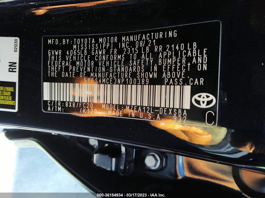 VIN 5YFS4MCE3NP100389 2022 TOYOTA COROLLA SE/SE NIGHTSHADE/APEX SE