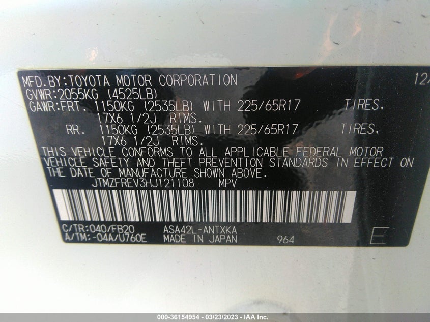 VIN JTMZFREV3HJ121108 2017 TOYOTA RAV4 LE