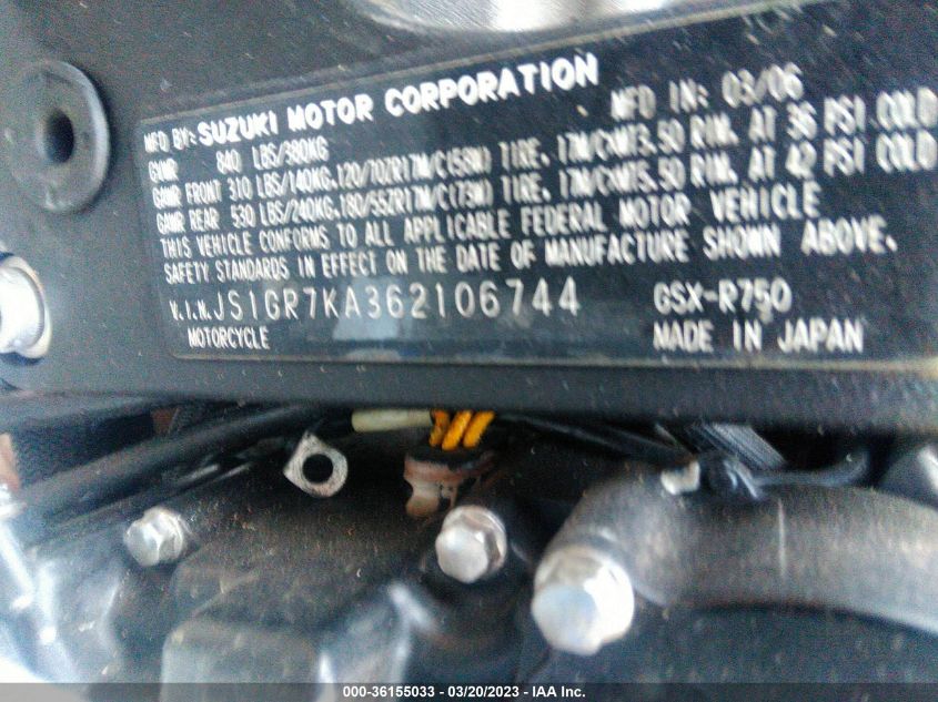 2006 SUZUKI GSX-R750 K6 - JS1GR7KA362106744