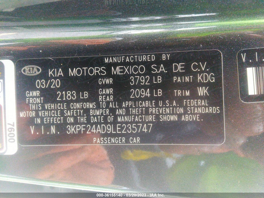 VIN 3KPF24AD9LE235747 2020 KIA FORTE FE