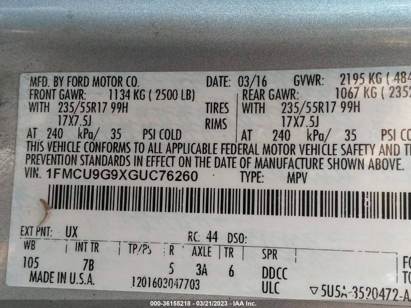 2016 FORD ESCAPE SE - 1FMCU9G9XGUC76260