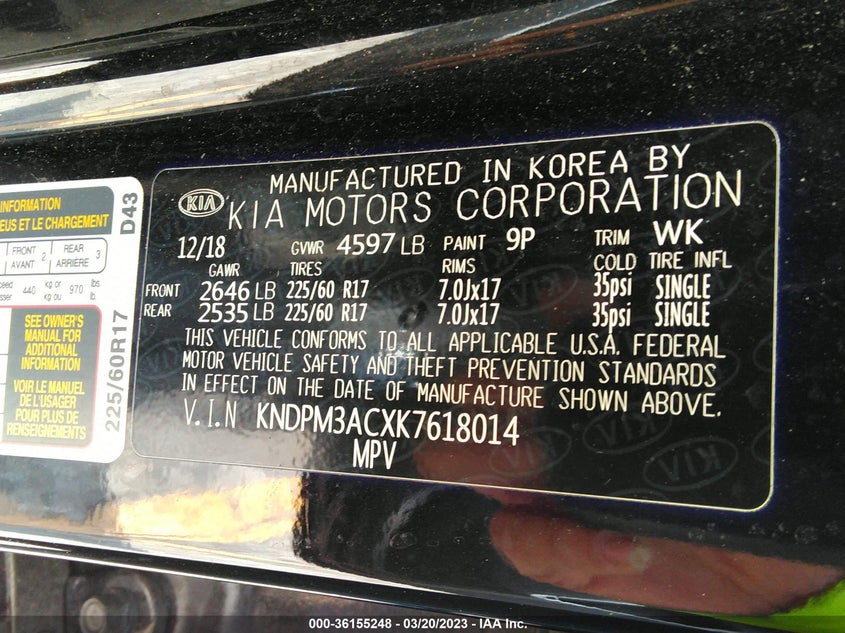 VIN KNDPM3ACXK7618014 2019 KIA SPORTAGE LX