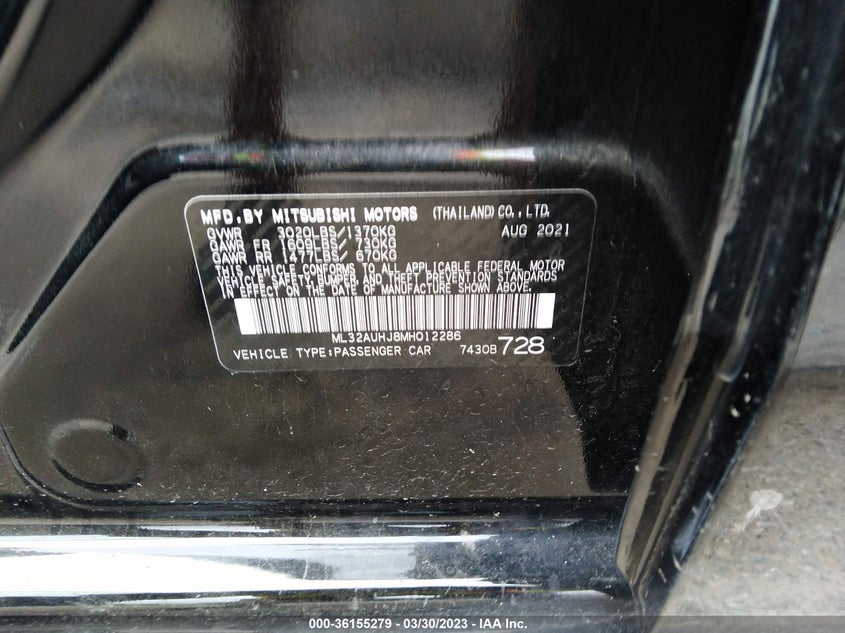 VIN ML32AUHJ8MH012286 2021 MITSUBISHI MIRAGE ES/LE/CARBONITE EDITION