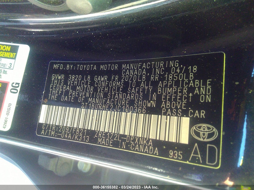 VIN 2T1BURHE2JC100366 2018 TOYOTA COROLLA L/LE/XLE/SE/XSE