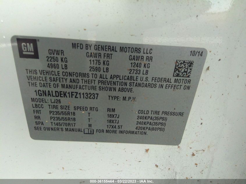 2015 CHEVROLET EQUINOX LTZ - 1GNALDEK1FZ113237