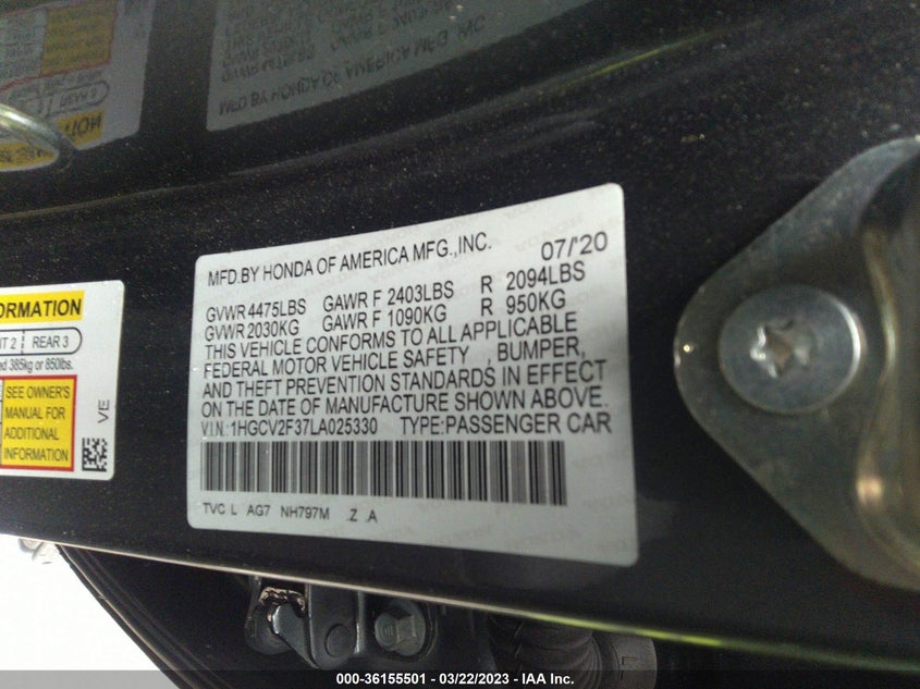 VIN 1HGCV2F37LA025330 2020 HONDA ACCORD SEDAN SPORT