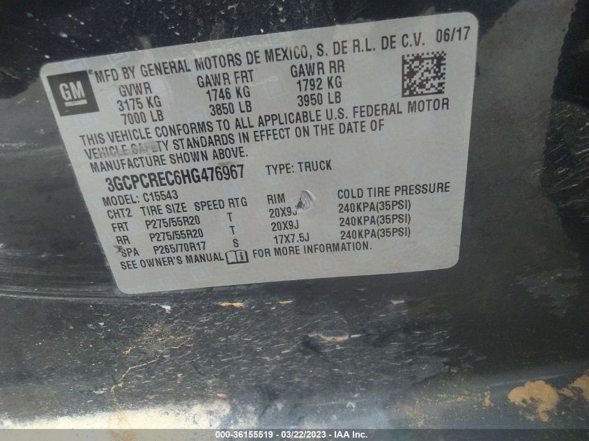 2017 CHEVROLET SILVERADO 1500 LT - 3GCPCREC6HG476967