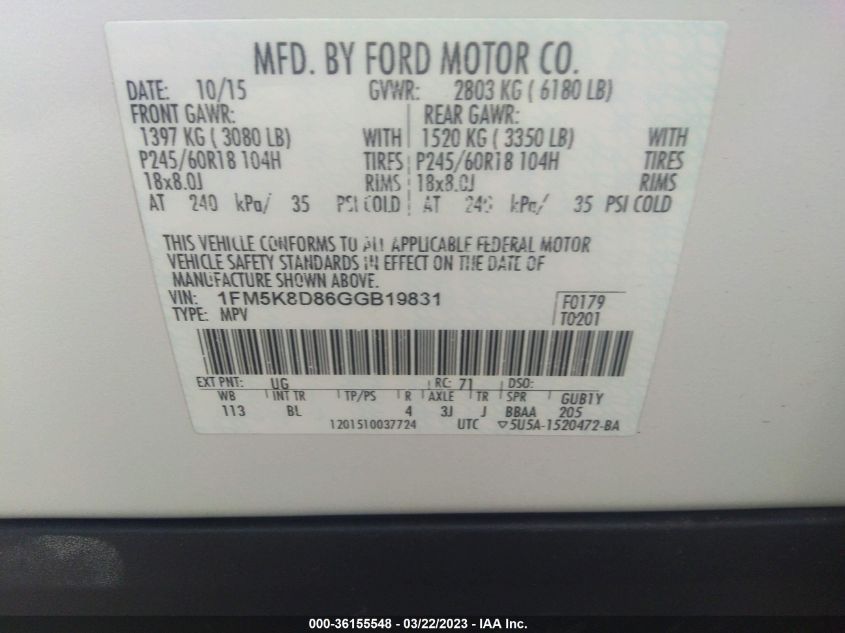 2016 FORD EXPLORER XLT - 1FM5K8D86GGB19831
