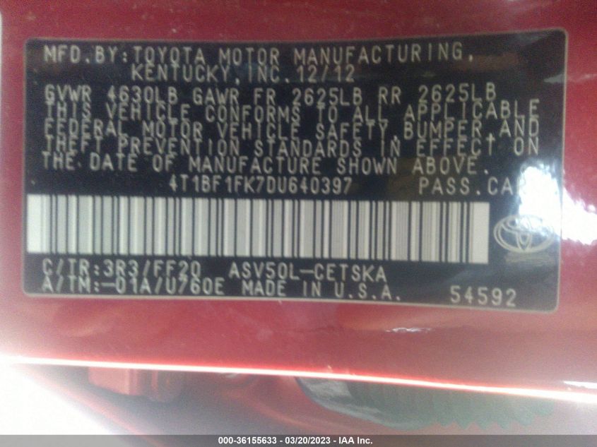2013 TOYOTA CAMRY L/LE/SE/XLE - 4T1BF1FK7DU640397